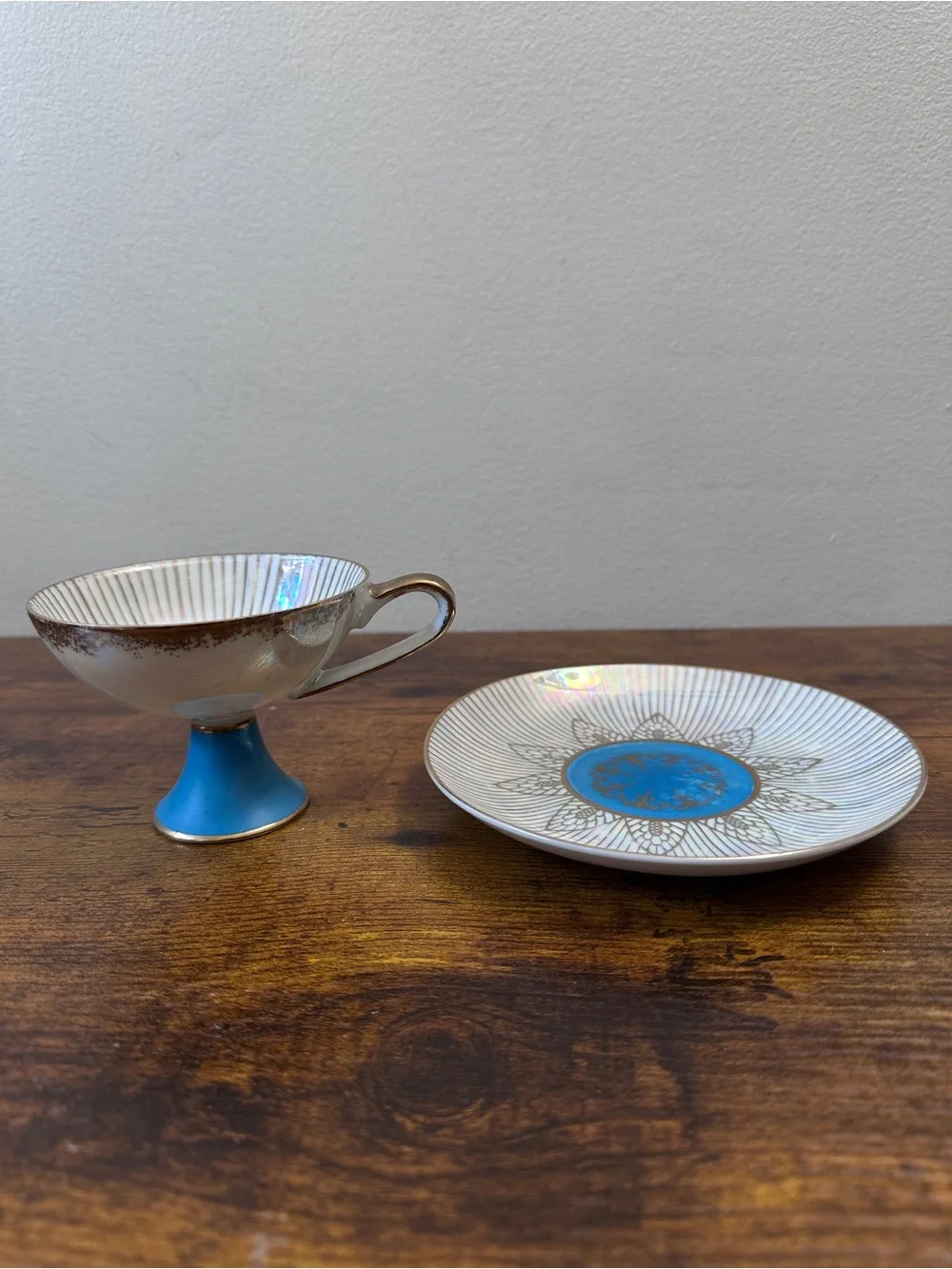 Vtg Royal Halsey Lipper Mann Blue Iridescent Pedestal Teacup Saucer Japan Gilt